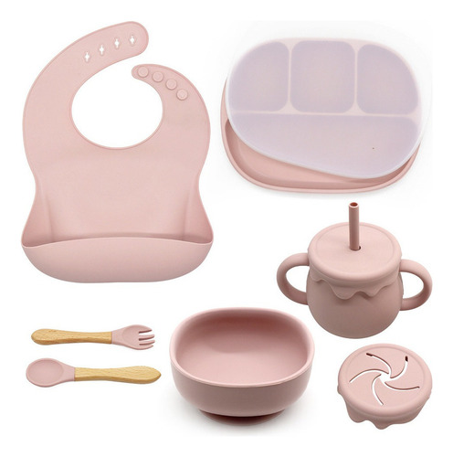 7 Utensilios, Plato, Cuchara, Babero, Tazas Con Pajita