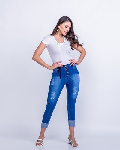 Imagem 1 de 8 de Calça Jeans Skinny Capri Cintura Alta Com Elastano