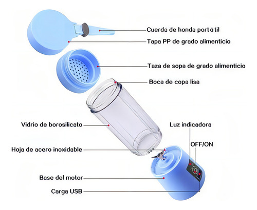 Mini copo de liquidificador recarregável USB portátil, cor azul
