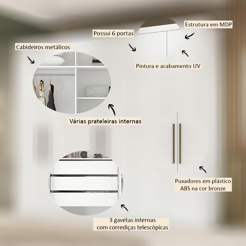 Guarda Roupa Casal Sumatra Com Pés Branco Brilho Demóbile