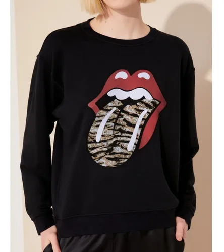 Beso Rolling Stones Camiseta Negra Mujer Rolo-ok - Rolo-OK