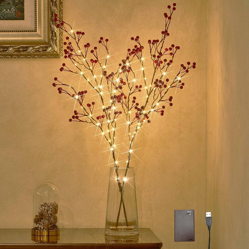 Ramas Iluminadas De Bayas Rojas Litbloom Con 80 Luces Led De