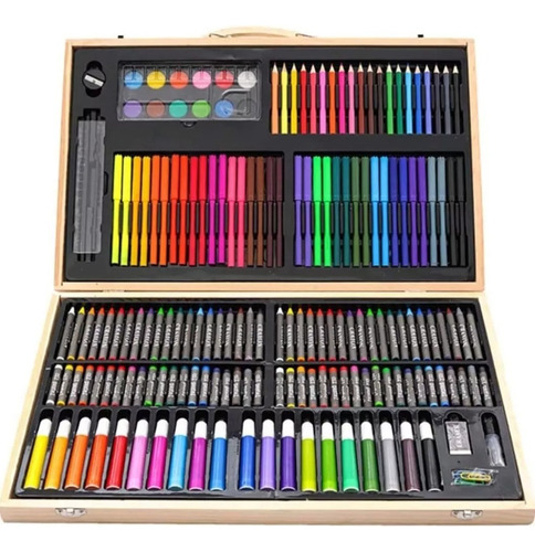 Caja De Madera 180pzs Set Lápices Marcadores Acuarela Dibujo