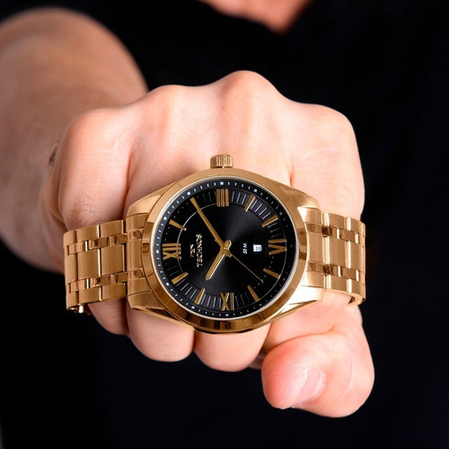 Relógio Technos Masculino Aço Dourado Preto Original