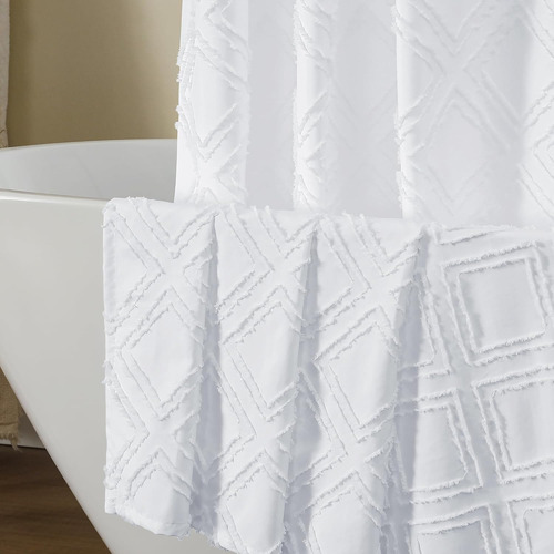 Juego De Cortinas De Ducha Blancas De Tela Texturizada Geomé