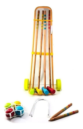 Juego De Croquet Madera Pintada Palos 75cm Con Carro Lelab