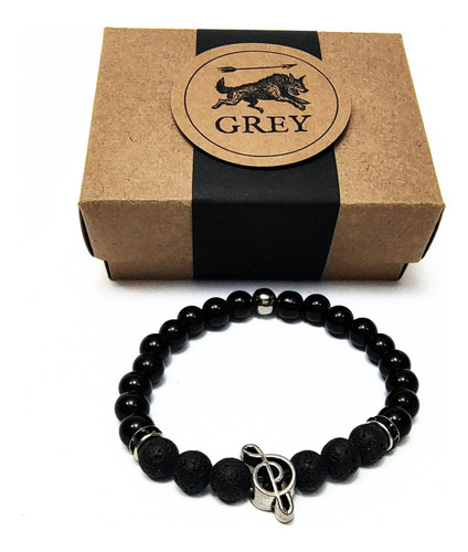 Pulsera De Hombre Con Piedra De Lava + Dije Clave De Sol