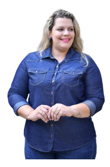 camisa jeans feminina manga longa plus size