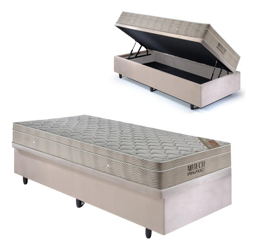 Base Box Baú 96x203 Suede Bege Com Colchão Airtech Ortobom