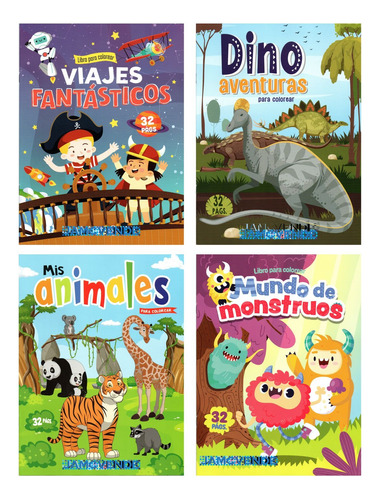 Set De 4 Libros Colorear Piratas Dinos Monstruos Para Niños