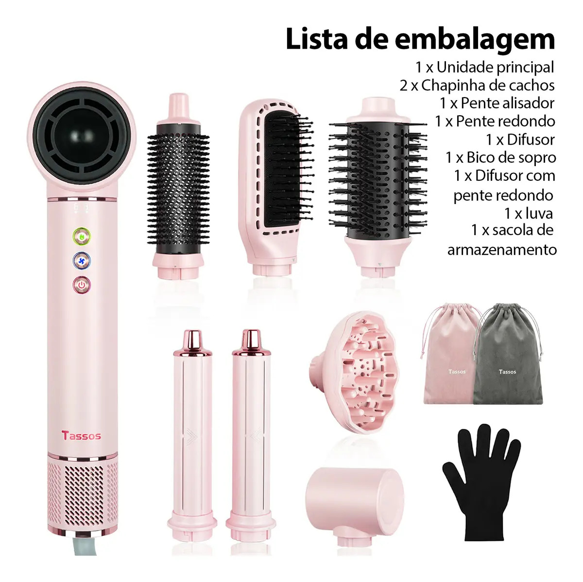 Secador de Cabelo Profissional Tassos TA-HD701 Rosa, 8 em 1, com Íons e 1100W