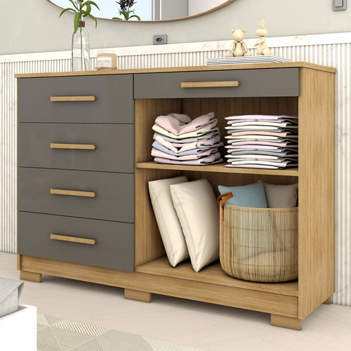Cômoda Tailândia 2 Portas 5 Gavetas Nature/alasca - Cor Cinza