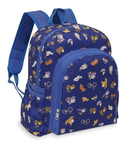 Mochila Infantil Com Bolso Frontal E Lateral Azul Estampada