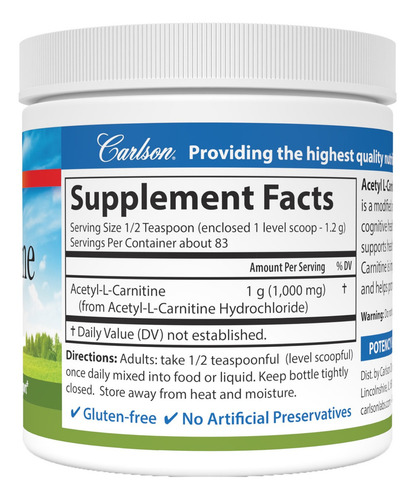 Carlson Labs Acetil L-carnitina Aminoácido 100g Sabor Sin Sabor
