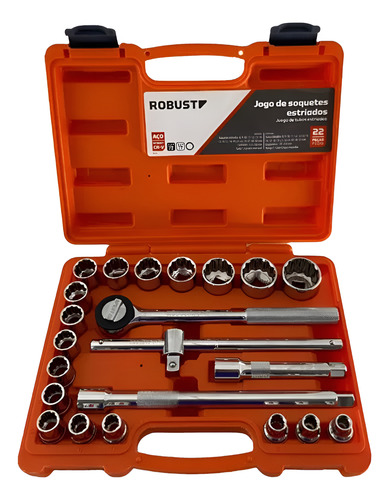 Jogo Soquete Estriado C/ 22pçs 8 - 32mm Robust - D26-22am Laranja