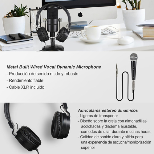 Mezcladora 4 Canales Mixer Audio Tarjeta Consola Sonido Profesional Bluetooth 4 entradas, ecualizador de 3 bandas, efectos de eco, con micrófono dinámico, auriculares estéreo y cable XLR, para transmi