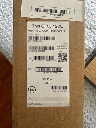 Notebook Msi Thin Gf63 (Nuevo con caja abierta)