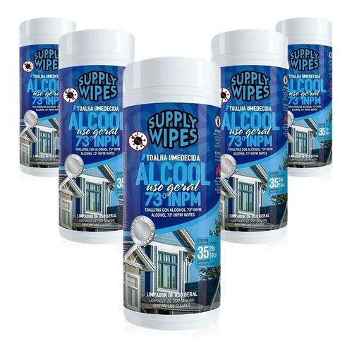 Lenços Umedecidos Álcool 70° Tubo Kit Com 5 Potes
