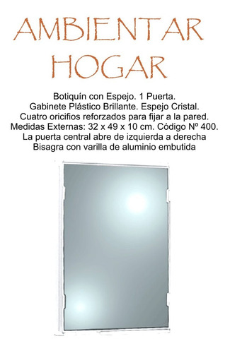 Botiquin Baño Espejo Peinador 1 Puerta 32x49x10 C6 Blanco