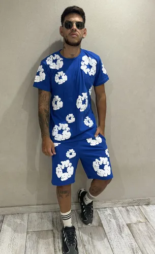 Conjunto Denim Tears Azul Hombre Remera + Bermuda Algodon