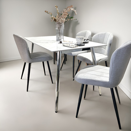 Juego Comedor Bulnes Neolith Cromo 120 + 4 Sillas Panama Gris Chenille