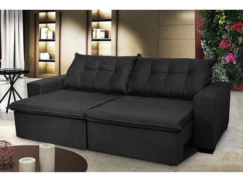 Sofá Austrália 2,12 Mts Retrátil, Reclinável Com Molas e Pillow no Assento Tecido Suede Preto Cama InBox