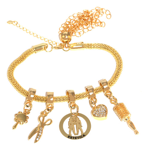 Pulseira Berloque Beleza Moda Cabeleireira Folheado 18k