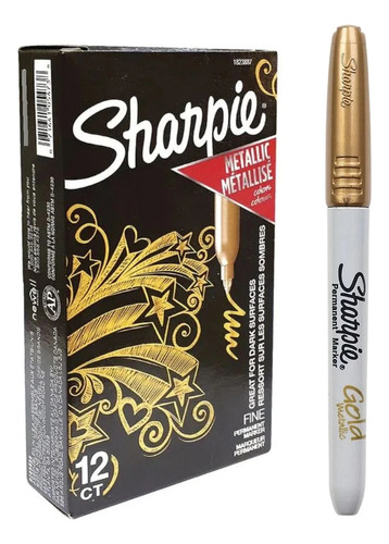 Caja 12 Marcadores Sharpie Plumones Metálicos Punta Fina Oro