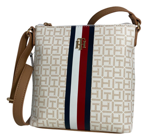 Bolsa Crossbody Tommy Hilfiger Original Modelo 69j8927 100 Beige Rayas Oro Marrón Claro