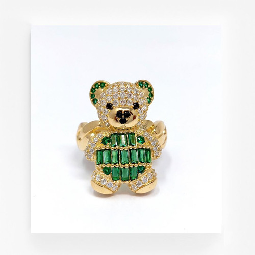 Anillo En Oro De 14k Con Forma De Oso Con Zirconias Verdes