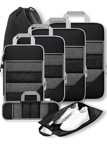 Juego De 7 Cubos De Compresión Organizer Para Viajes Negro