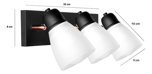 Aplique Tulipa Vidrio Pared 3 Luces Spot Movil Baño Led E27 Estructura Negro/Cobre