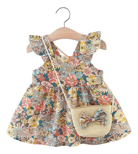 Bebé Niña Vestido Manga Volante Estampado Con Bolsa