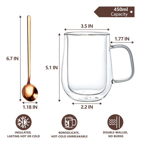 Taza De Café De Doble Pared De Vidrio Borosilicato 16 Oz