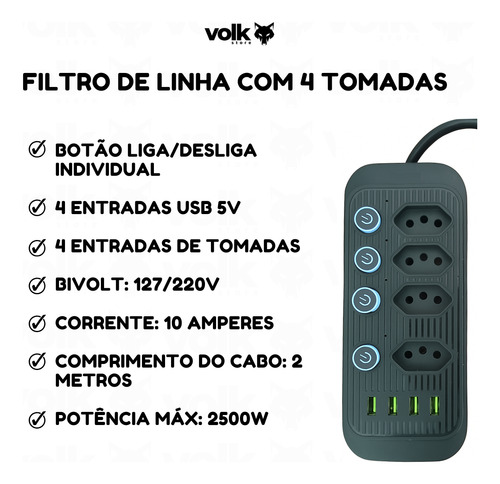 Extensão Filtro De Linha 4 Tomadas + 4 Usb Com 2m 110/220v Preto