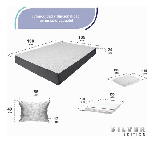 Colchón Matrimonial 20 Cm + Sábanas, Protector Y Almohada Blanco Con Gris