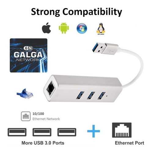 Imagen 5 de 9 de Adaptador Hub Usb 3.0 A Rj45 Ethernet Red Lan + Usb 3.0 X 3