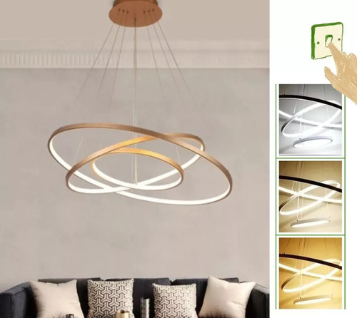 Lustre Pendente Moderno 3 Aneis Dourado 40x60x80cm Cabo 3m Luz 3/1 - Green Age