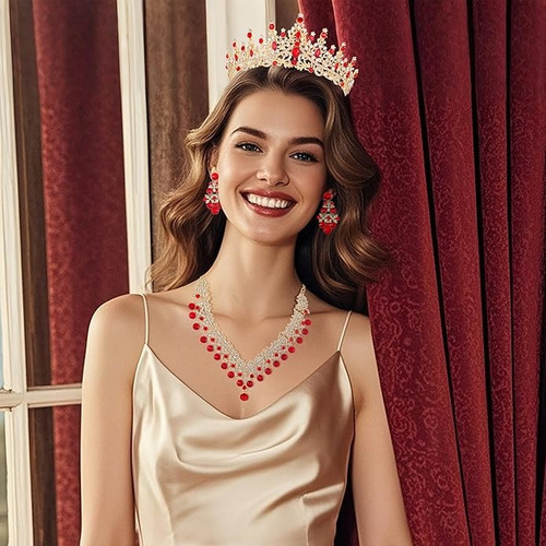 Tocado Novia Tiara Corona Mujer Xv Años Collar Y Aretes 3pcs
