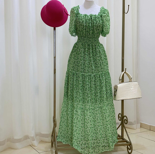 Imagem 3 de 8 de Vestido Longo Ombro A Ombro Ciganinha Manga Princesa Verde