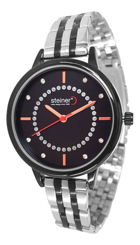 Reloj Para Dama Steiner Análogo Acero Inox Correa Negro y Plateado Bisel Negro Fondo Negro