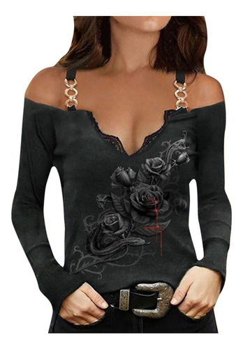 1u Blusa Mujer Metal Sin Tirantes Calaveras Estampado Largo