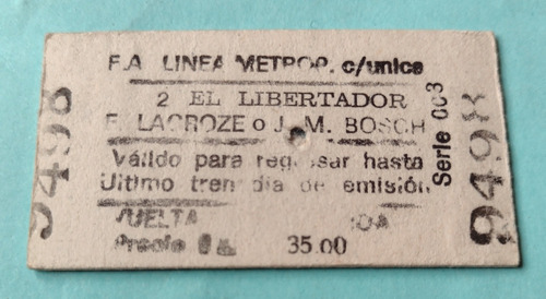 Boleto Ferrocarril Urquiza De El Libertador A Lacroze (Usado)