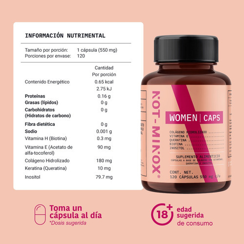 Imagen 5 de 6 de Capsulas Not Minox Mujer Crecimiento Cabello Queratina Vit E Sabor Neutral