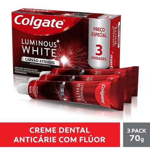 Creme Dental Colgate Luminous White Carvão Ativado 3un 70g