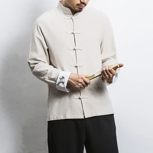 Camisa Tang Suit Para Hombre, Algodón, Bordado Con Grulla, K
