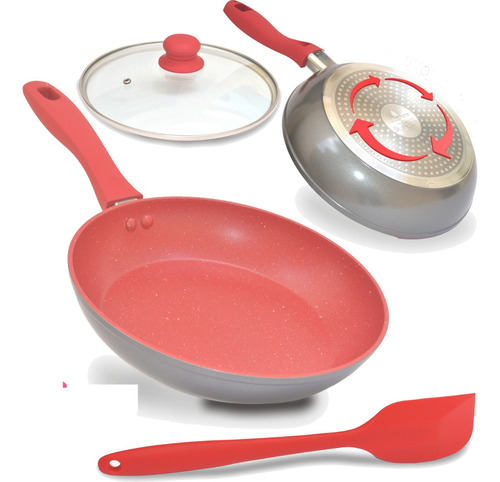 Panela Frigideira Grande 20cm Antiaderente Com Tampa Vidro Cor Vermelho