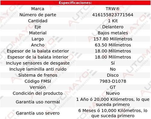 Balatas Bajos Metales Delanteras Trw Subaru Legacy 05-08