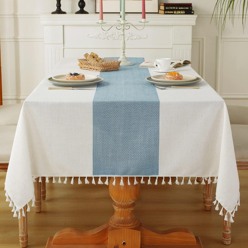 Mantel Rústico De Algodón Y Lino Para Mesa Rectangular 140x240cm , Azul Claro Diseño de Toboganes de Mesa Bordadas