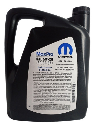 Imagen 2 de 6 de Aceite De Motor Mopar Maxpro 5w20 Sintetico Nafta 4 L